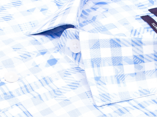 Голубая приталенная мужская рубашка Poggino 7017-15 в клетку с длинными рукавами