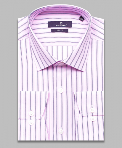 Розовая приталенная мужская рубашка Poggino 7016-09 в полоску с длинными рукавами