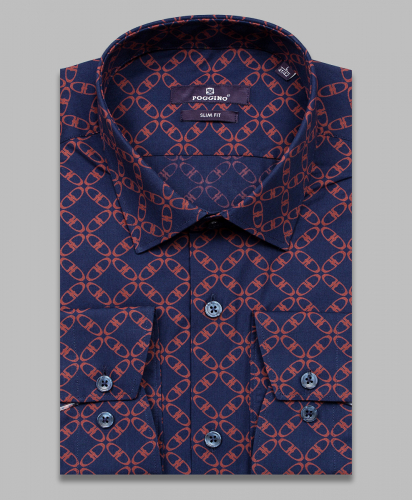 Темно-синяя приталенная мужская рубашка Poggino 7017-40 в узорах с длинными рукавами
