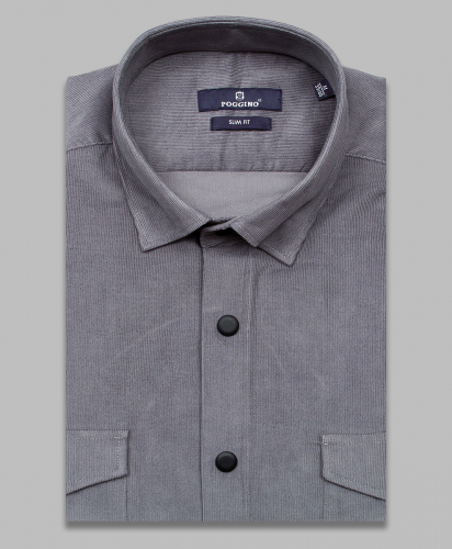 Серая вельветовая приталенная мужская рубашка Poggino 7017-88 с длинными рукавами