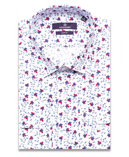 Белая приталенная мужская рубашка Poggino 7016-07 в цветах с длинными рукавами