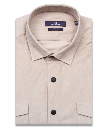 Бежевая вельветовая приталенная мужская рубашка Poggino 7017-89 с длинными рукавами