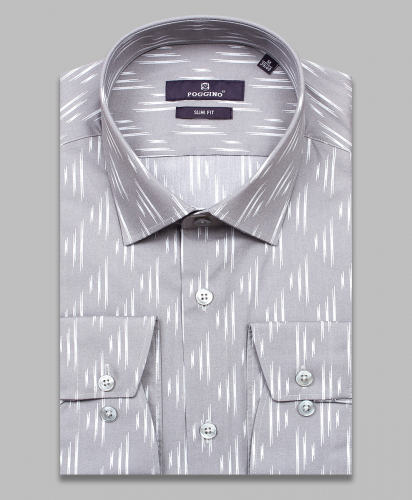 Серая приталенная мужская рубашка Poggino 7017-42 в узорах с длинными рукавами
