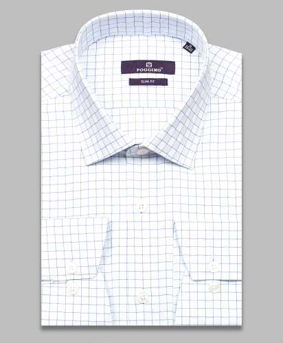 Бледно-голубая приталенная мужская рубашка Poggino 7017-78 в клетку с длинными рукавами