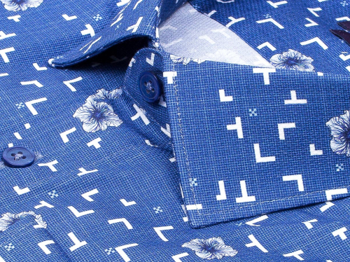 Синяя приталенная мужская рубашка Poggino 7015-20 в цветочек с длинными рукавами