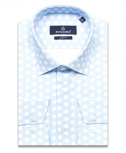 Голубая приталенная мужская рубашка Poggino 5010-15 в узорах с длинными рукавами