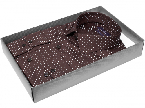 Коричневая приталенная мужская рубашка Poggino 7014-12 в горошек с длинными рукавами
