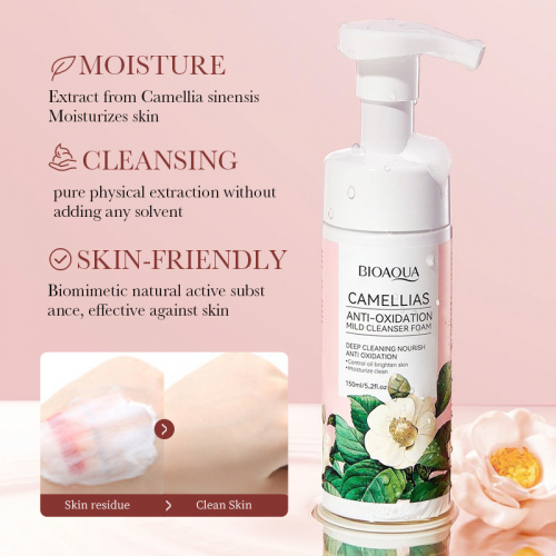 Мягкая антиоксидантная пенка для лица с экстраком камелии BIOAOUA Camellias Anti-oxidation Mild Cleanser Foam, 150 мл