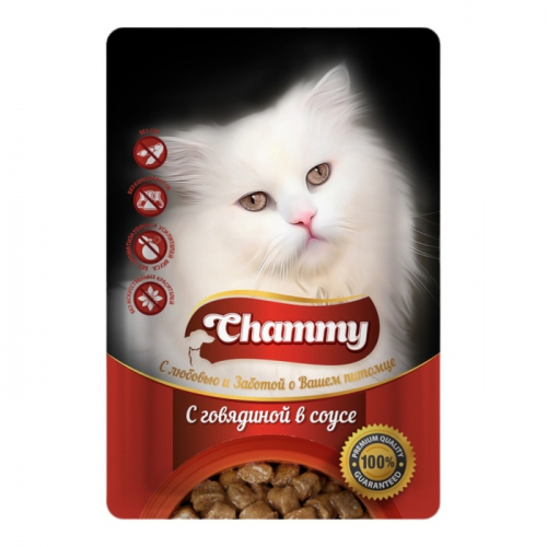 Влажный корм Chammy для кошек, говядина, кусочки в соусе, пауч, 85 г