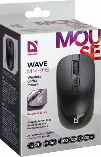 Мышь беспроводная Defender Wave MM-995, бесшумные кнопки, черная