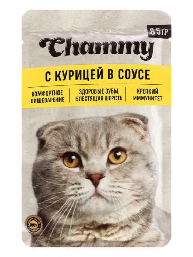 Влажный корм Chammy для кошек, курица, кусочки в соусе, пауч, 85 г