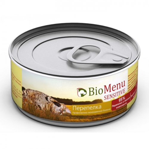 Консервы BioMenu SENSITIVE для кошек, мясной паштет с перепелкой  95%-мясо, 100 г.