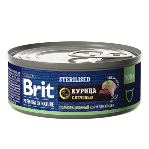 Brit Premium by Nature консервы с мясом курицы и печенью для стерилизованных кошек, 100 г,