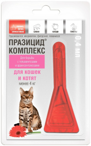 Apicenna Празицид-КОМПЛЕКС капли на холку от гельминтов, блох и клещей для котят и кошек менее 4 кг, 1*0,4 мл