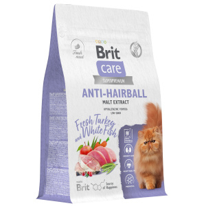 Brit Care Superpremium Cat Anti-Hairball с белой рыбой и индейкой для взрослых кошек, Вывод шерсти,  (7 кг)