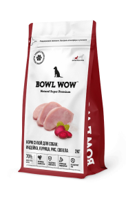 BOWL WOW Корм сухой для собак средних пород с индейкой, курицей, рисом и добавлением свеклы, 2 кг