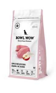 BOWL WOW Корм сухой для собак средних пород с индейкой, рисом и добавлением яблока, 5 кг