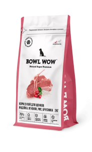 BOWL WOW Корм сухой для щенков средних пород собак с индейкой, ягненком, рисом и добавлением брусники, 2 кг