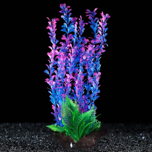 Растение искусственное аквариумное на платформе в виде коряги, 40 см, сине-розовое
