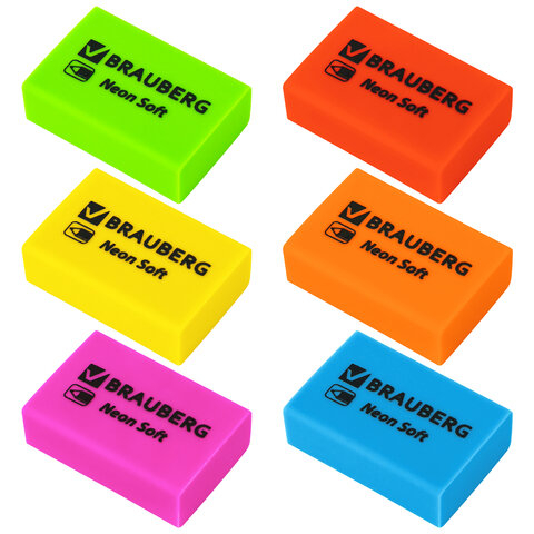 Ластики BRAUBERG NEON SOFT, размер ластика 31х20х10 мм, экологичный ПВХ, 271339