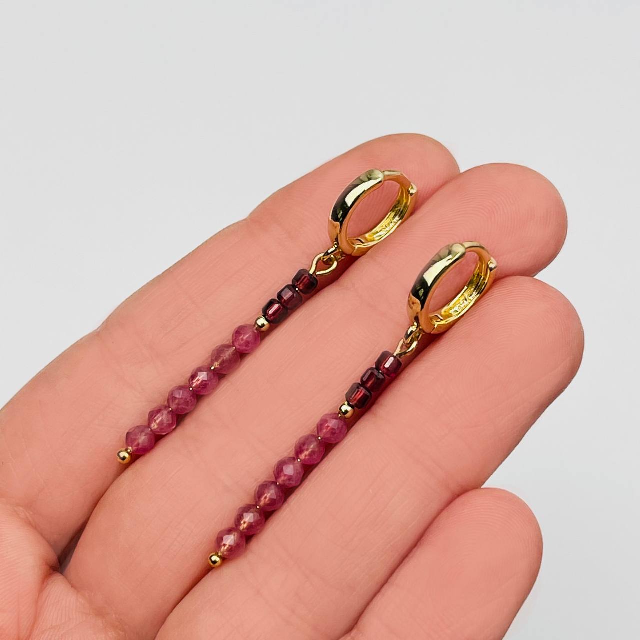 Радуга Самоцветов Серьги длинные из розового Турмалина и Граната