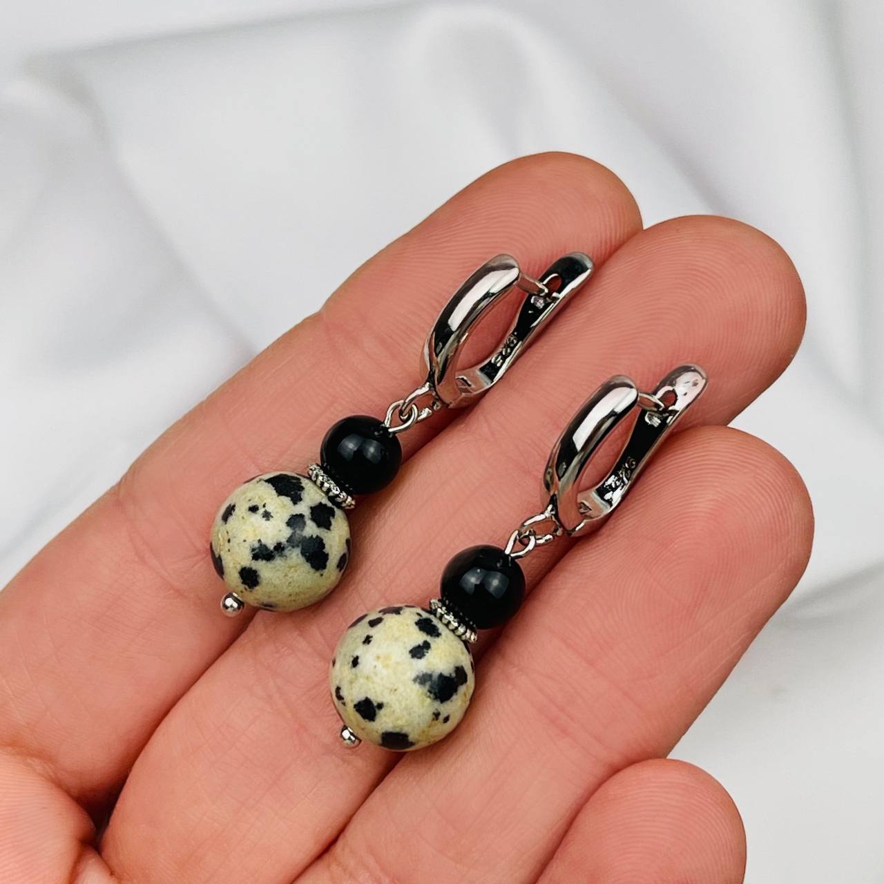 Радуга Самоцветов Серьги двойные из черного Агата и перепелиной Яшмы