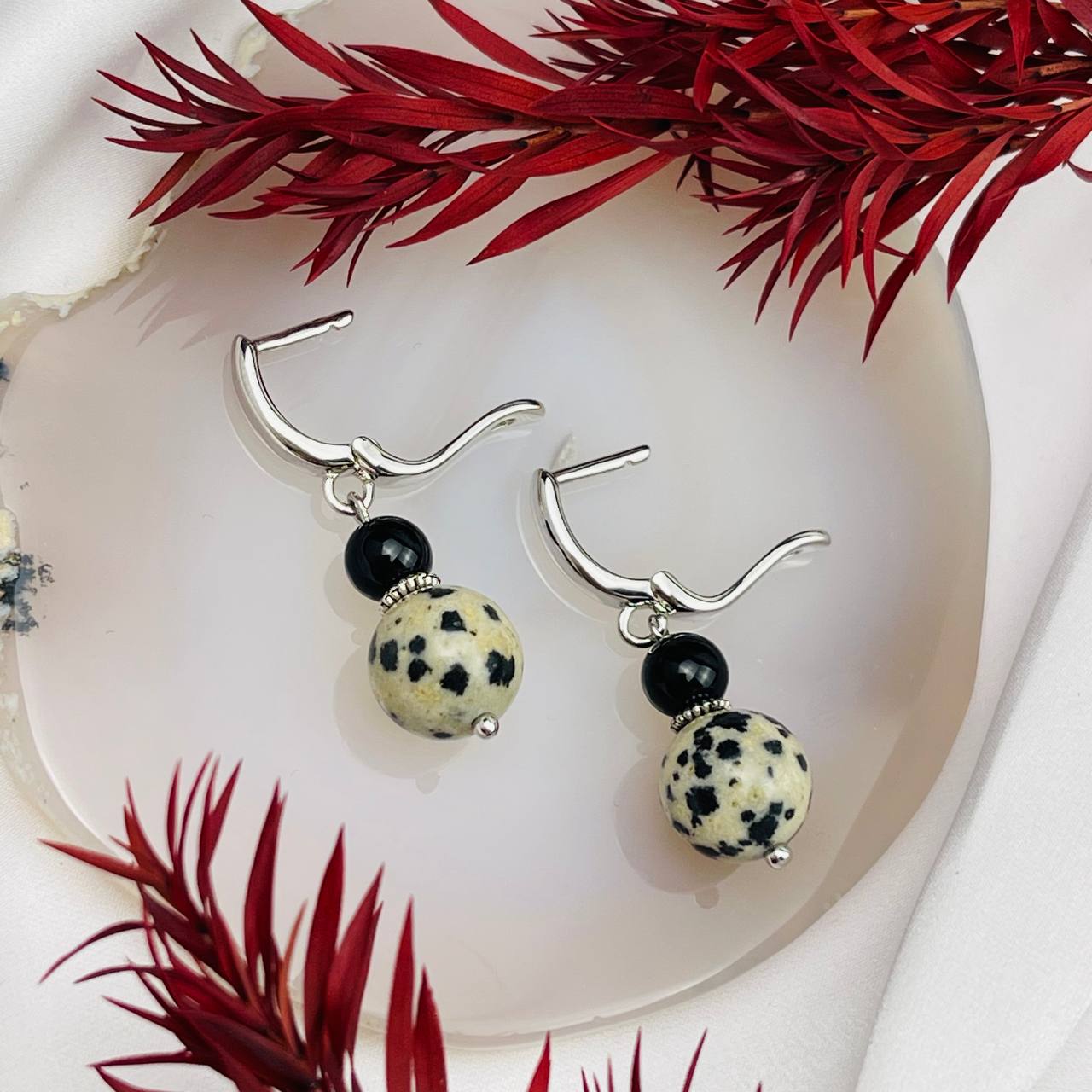 Радуга Самоцветов Серьги двойные из черного Агата и перепелиной Яшмы