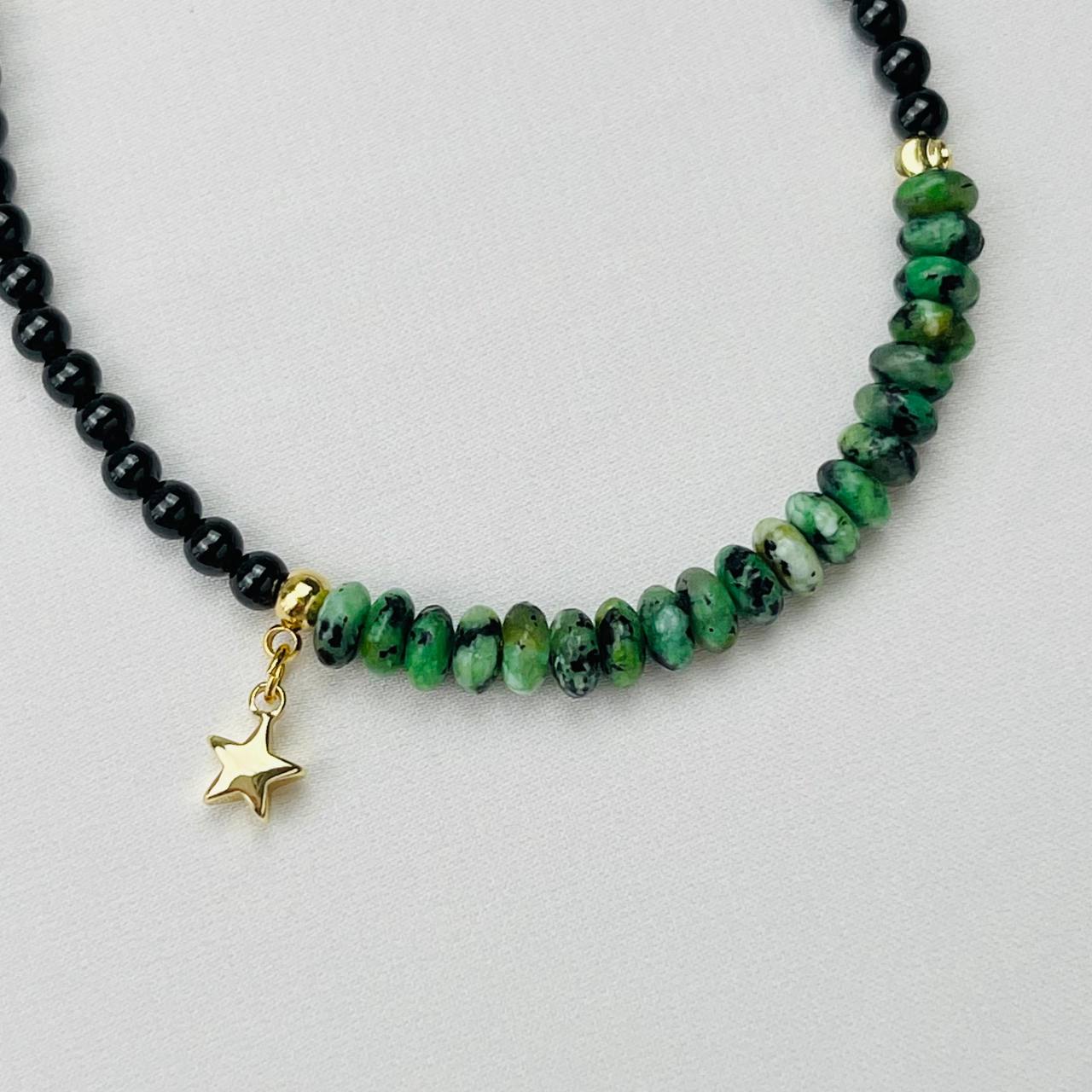 Радуга Самоцветов Браслет из черного Агата и Хризоколлы с подвеской