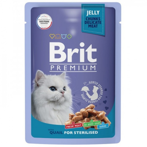 Влажный корм Brit Premium для стерилизованных кошек, перепелка в желе, пауч, 85 г