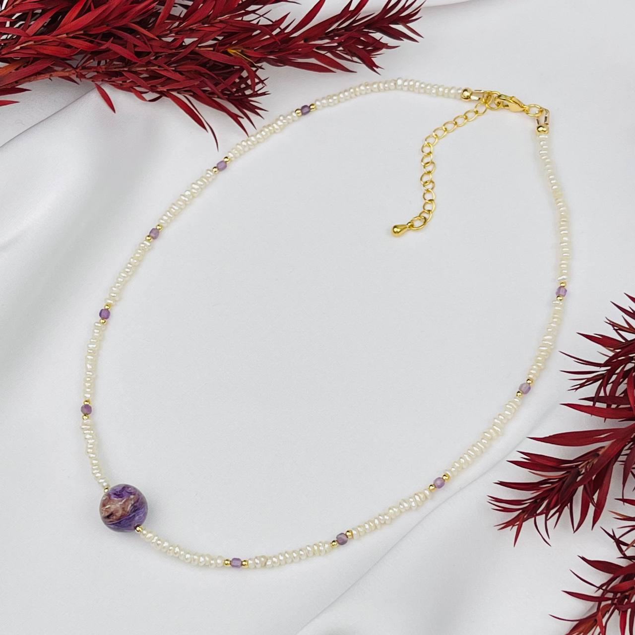 Радуга Самоцветов Чокер из Жемчуга,Аметиста и Чароита