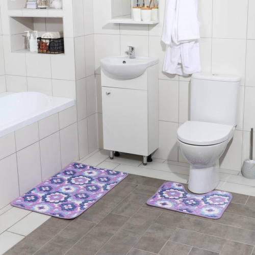 Набор ковриков для ванной и туалета Доляна «Фиолетовые цветы», 2 шт, 40×50, 50×80 см