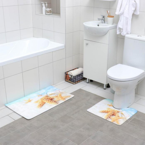 Набор ковриков для ванной и туалета Доляна «Звёзды на песке», 2 шт, 37×45, 45×75 см