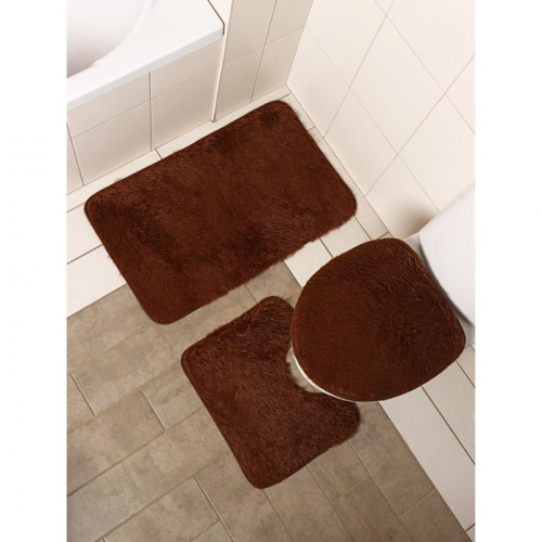 Набор ковриков для ванной и туалета Доляна «Пушистик», 3 шт, 32×40, 40×50, 50×80 см, цвет коричневый
