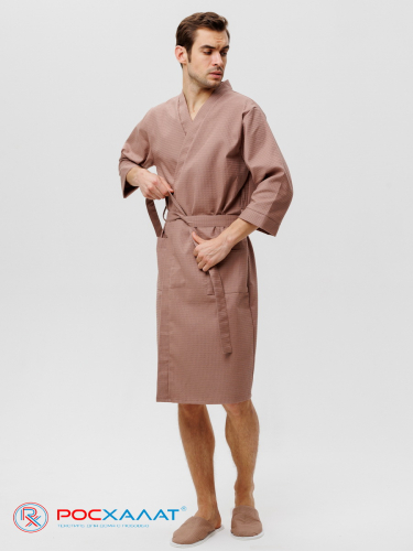 Мужской укороченный вафельный халат с планкой коричневый В-05 (21)