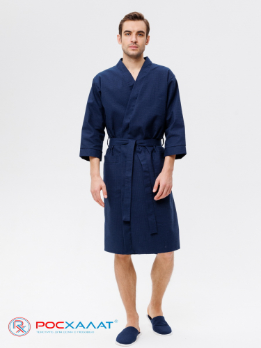 Мужской укороченный вафельный халат с планкой темно-синий В-05 (28)