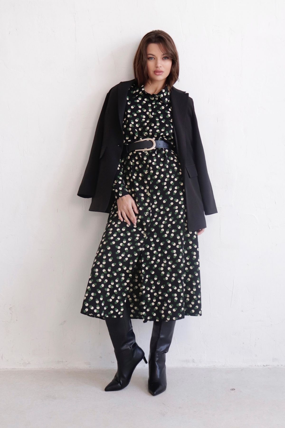 11128 Платье-рубашка удлинённое чёрное с принтом (остаток: 42,44)