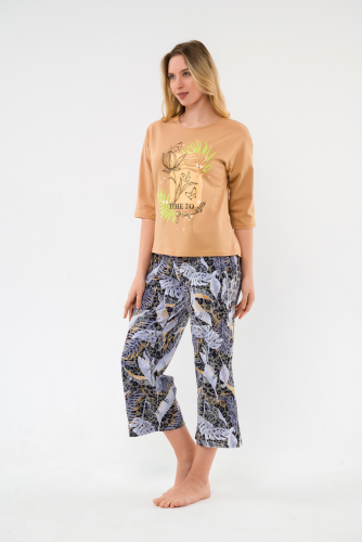 Пижама из футболки и брюк из кулирки Мечта тропики горчица
