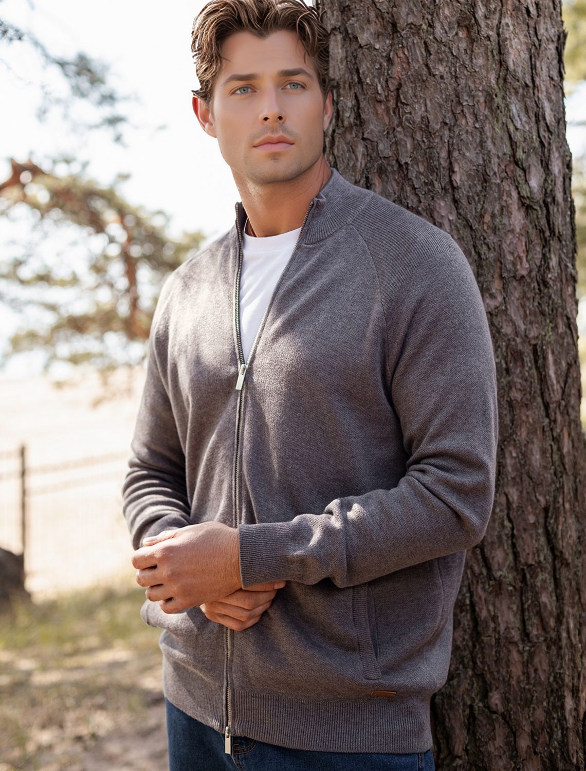 Джемпер тонкой вязки из хлопка на молни U39.002 темно-серый