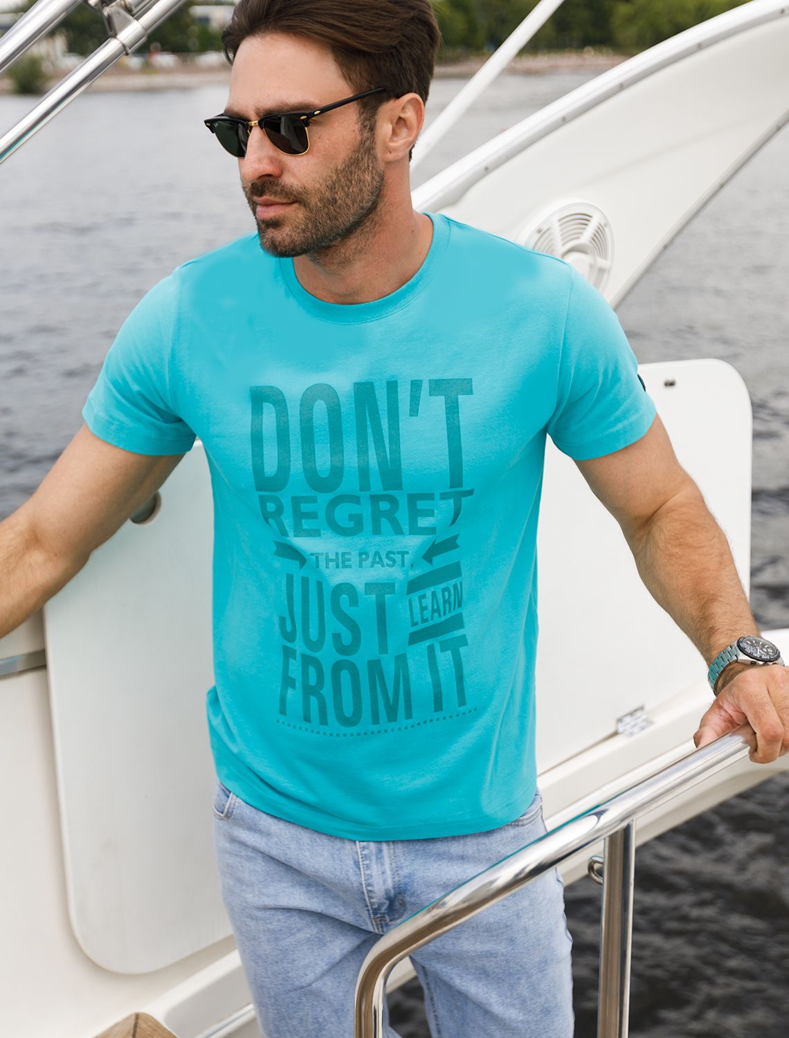 Ст.цена 990р Футболка мужская цвета морской волны с принтом U49.004 морск.волна_dont_regret