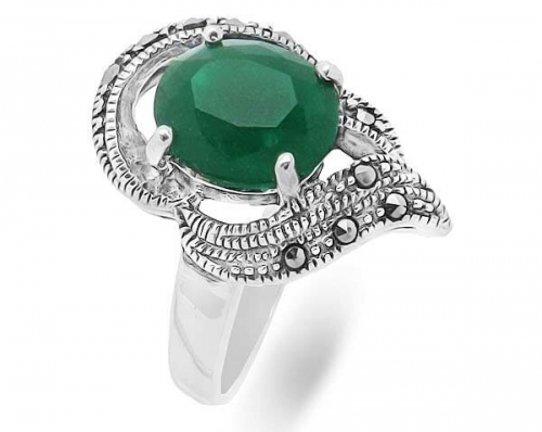 Кольцо из серебра зеленый агат, марказит, SL-AGA61