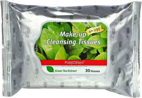 Очищающие салфетки для лица с зеленым чаем PUREDERM GREEN TEA MAKE-UP CLEANSING TISSUES 30шт