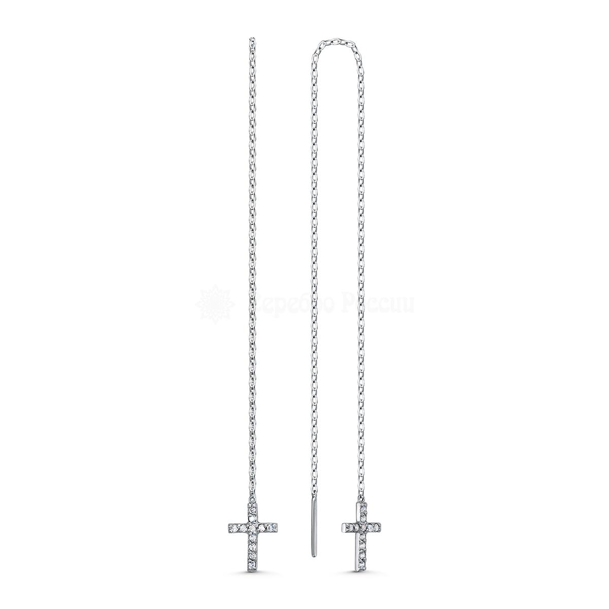 Серьги-продёвки из серебра с фианитами родированные - Кресты (длина всей цепи 19 см) 925 пробы 28068р