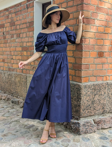 Платье из премиального хлопка-вуали с подкладкой юбки D22.524 темно-синий