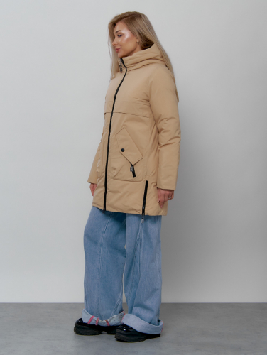 Зимняя женская куртка молодежная с капюшоном горчичного цвета 58622G