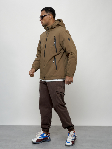 Куртка молодежная мужская весенняя с капюшоном коричневого цвета 7312K