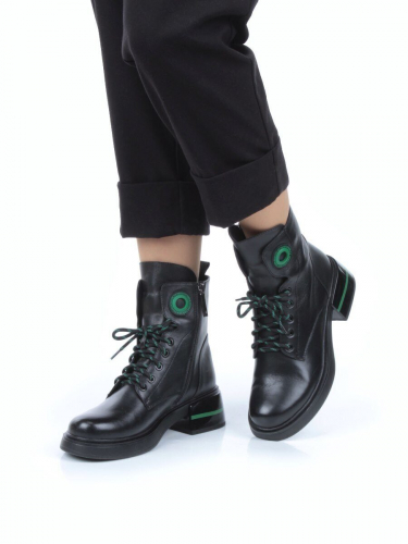 P514-4 BLACK/GREEN Ботинки демисезонные женские (натуральная кожа, байка)