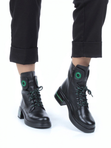 P514-4 BLACK/GREEN Ботинки демисезонные женские (натуральная кожа, байка)