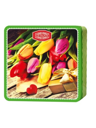 Шкатулка-квадрат-Тюльпаны, зеленая (6906), жесть. Шри-ланка, 100 гр