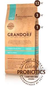 GRANDORF Adult All Breeds Rice Низкозерновой сухой корм с живыми пробиотиками для взрослых собак всех пород, 4 вида мяса и бурый рис, (1 кг )