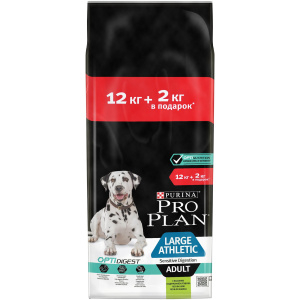 Pro Plan Для собак крупных пород Атлетичного телосложения, чувствительное пищеварение, ягненок, 12 кг + 2 кг в подарок